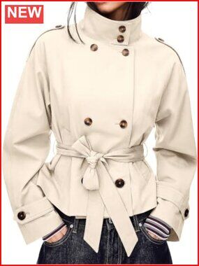 Cropped Trench Coat Double Breasted High Collar Short Jacket